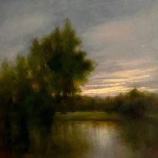 A painting of a lake at sunset.