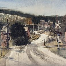 A watercolor painting of a snowy road.
