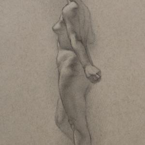 A pencil drawing of a nude standing in front of a wall.
