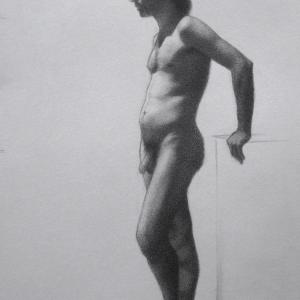 A drawing of a naked man standing on a pedestal.