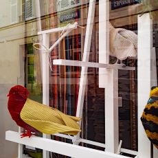 A window display with birds on it.