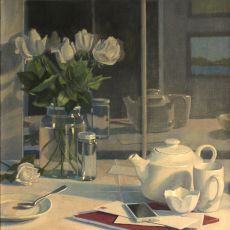 A painting of a table with a vase of flowers.