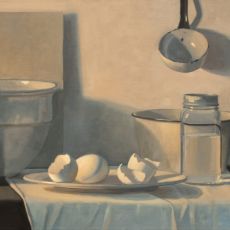 A painting of eggs and utensils on a table.