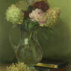 A painting of flowers in a glass vase on a table.