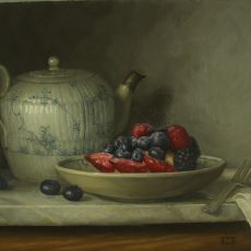 A painting of a bowl of berries and a teapot.