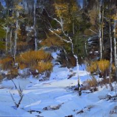An oil painting of a snowy path in the woods.