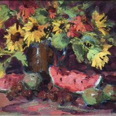 A painting of sunflowers and watermelon in a vase.