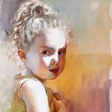 A watercolor painting of a little girl with curly hair.