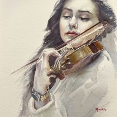A watercolor painting of a woman playing a violin.