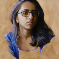 A painting of a woman with glasses.