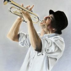 A painting of a man playing the trumpet.