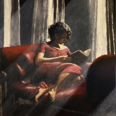 A painting of a woman reading a book on a red couch.