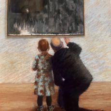 A painting of a man and a little girl looking at a painting.
