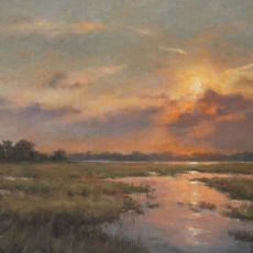 A painting of a sunset over a marsh.