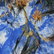 An abstract painting with blue and orange flowers.