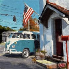 A painting of a vw bus parked in front of a house.