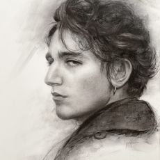 A drawing of a man with curly hair.