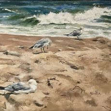 A painting of seagulls on the beach.