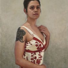 A painting of a woman in a floral dress.
