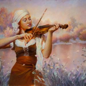 A painting of a woman playing the violin.