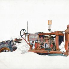 A painting of a tractor in the snow.