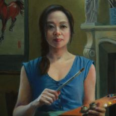 A painting of a woman holding a paintbrush.