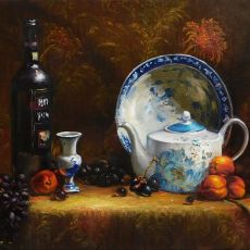 A painting of a teapot and grapes on a table.