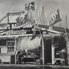 A black and white drawing of a barber shop.