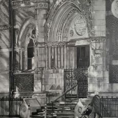 A black and white drawing of a church.