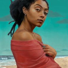 A painting of a woman with dreadlocks sitting on the beach.