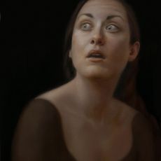 A painting of a woman looking up.