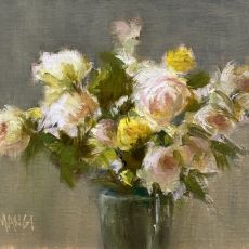 A painting of pink and yellow flowers in a green vase.