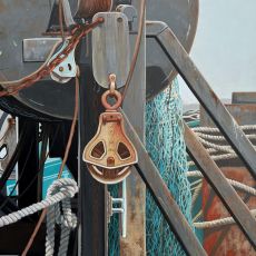A painting of a fishing boat with a rope attached to it.