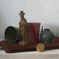 A painting of a man with a hat and a pot on a table.
