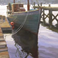 A painting of a boat docked at a dock.