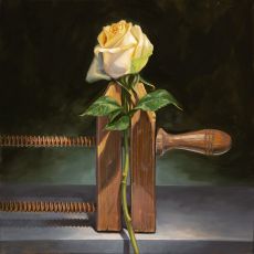 A painting of a white rose on a wooden board.