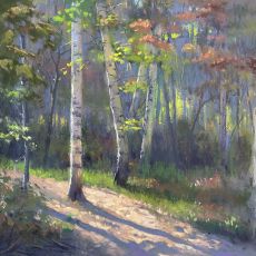A painting of birch trees in the woods.