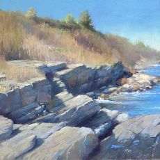 An oil painting of a rocky shoreline.