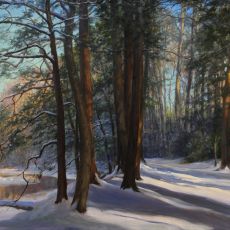 A painting of a winter scene in the woods.