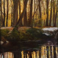 A painting of a river in the woods.