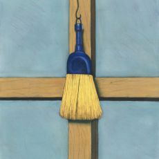 A painting of a yellow broom hanging from a window.