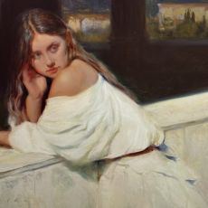 A painting of a girl leaning against a wall.
