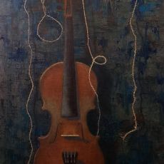 A painting of a violin on a blue background.