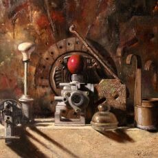 A painting of various tools on a shelf.