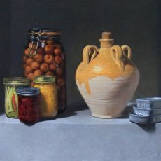 A painting of a jar of pickles and jars.