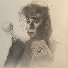 A drawing of a woman holding a wand.