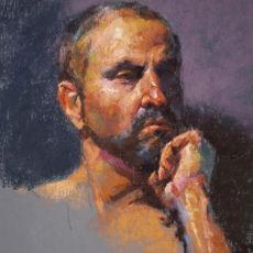 A painting of a man with his hand on his chin.