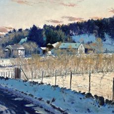 A painting of a snowy road with a farm in the background.