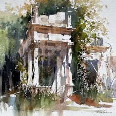 A watercolor painting of an old building.