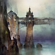 A painting of a bridge over a body of water.